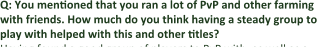 Q: You mentioned that you ran a lot of PvP and other farming with friends. How much do you think having a steady group to play with helped with this and other titles? Having found a good group of players to PvP with, as well as a