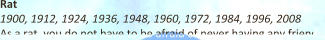 Rat 1900, 1912, 1924, 1936, 1948, 1960, 1972, 1984, 1996, 2008 As a rat, you do not have to be afraid of never having any friends,