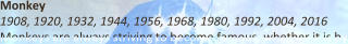 Monkey 1908, 1920, 1932, 1944, 1956, 1968, 1980, 1992, 2004, 2016 Monkeys are always striving to become famous, whether it is by