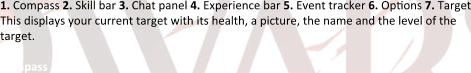 1. Compass 2. Skill bar 3. Chat panel 4. Experience bar 5. Event tracker 6. Opeons 7. Target This displays your current target with its health, a picture, the name and the level of the target.  Compass