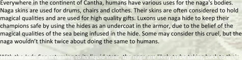 Everywhere in the conanent of Cantha, humans have various uses for the naga's bodies. Naga skins are used for drums, chairs and clothes. Their skins are often considered to hold magical qualiaes and are used for high quality gifts. Luxons use naga hide to keep their champions safe by using the hides as an undercoat in the armor, due to the belief of the magical qualiaes of the sea being infused in the hide. Some may consider this cruel, but the naga wouldn’t think twice about doing the same to humans.  With the Jade Sea returning to its liquid state, the naga are likely to be taking back to their