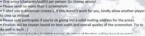 •	One entry (character/outfit) per person. So choose wisely! •	Please send no more than 3 screenshots. •	T-shirt size is American Unisex-L. If this doesn’t work for you, kindly allow another player to step up instead. •	Please only participate if you're ok giving out a valid mailing address for the prizes. •	Finalists will be chosen based on best outfit and overall quality of the screenshot. Try to do well in both : ) •	Finalists chosen by the GuildMag team. Number of finalists will be based on total