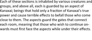 Each of these sections is inhabited by various creatures and groups, and above all, each is guarded by an aspect of Kanaxai; beings that hold only a fraction of Kanaxai's true power and cause terrible effects to befall those who come close to them. The aspects guard the gates that connect each room, meaning that those who wish to continue on-wards must first face the aspects while under their effects.  Each of these sections is inhabited by various creatures and