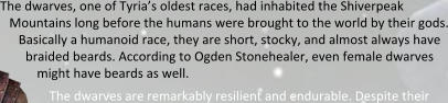The dwarves, one of Tyria’s oldest races, had inhabited the Shiverpeak Mountains long before the humans were brought to the world by their gods. Basically a humanoid race, they are short, stocky, and almost always have braided beards. According to Ogden Stonehealer, even female dwarves might have beards as well. The dwarves are remarkably resilient and endurable. Despite their