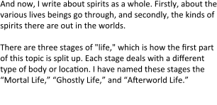 And now, I write about spirits as a whole. Firstly, about the various lives beings go through, and secondly, the kinds of spirits there are out in the worlds.  There are three stages of "life," which is how the erst part of this topic is split up. Each stage deals with a dieerent type of body or locaeon. I have named these stages the “Mortal Life,” “Ghostly Life,” and “Afterworld Life.”  stage 1: mortal life