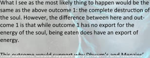 What I see as the most likely thing to happen would be the same as the above outcome 1: the complete destruction of the soul. However, the difference between here and out-come 1 is that while outcome 1 has no export for the energy of the soul, being eaten does have an export of energy.  This outcome would support why Dhuum’s and Menzies’