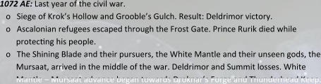 1072	AE: Last year of the civil war. o	Siege of Krok’s Hollow and Grooble’s Gulch. Result: Deldrimor victory. o	Ascalonian refugees escaped through the Frost Gate. Prince Rurik died while protecyng his people. o	The Shining Blade and their pursuers, the White Mantle and their unseen gods, the Mursaat, arrived in the middle of the war. Deldrimor and Summit losses. White Mantle – Mursaat advance began towards Droknar’s Forge and Thunderhead Keep.