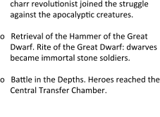 charr revoluconist joined the struggle against the apocalypcc creatures.  o	Retrieval of the Hammer of the Great Dwarf. Rite of the Great Dwarf: dwarves became immortal stone soldiers. o	Bacle in the Depths. Heroes reached the Central Transfer Chamber. o	Destruccon of the Great Destroyer.